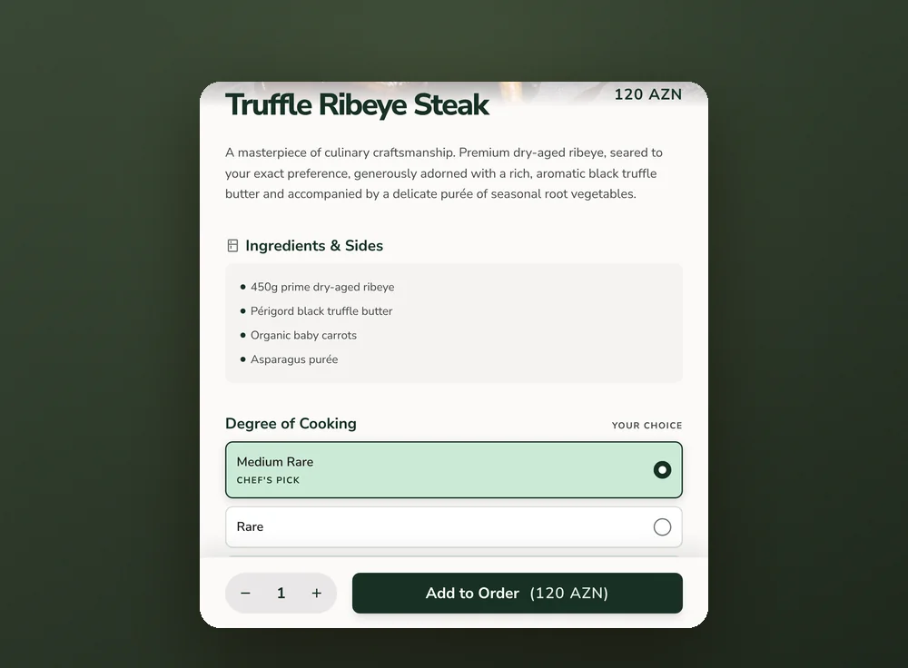 Cooking preference options on a dish page
