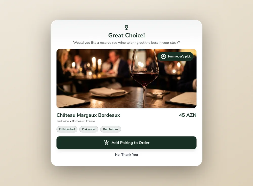 Wine pairing suggestion shown after ordering a steak