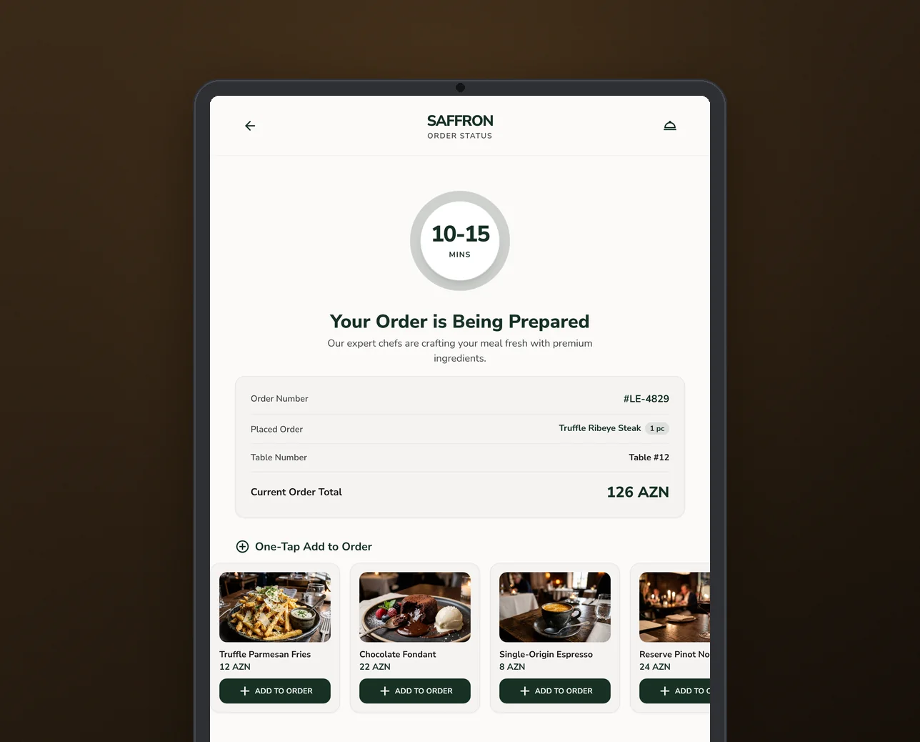 Order status screen with one-tap add-ons