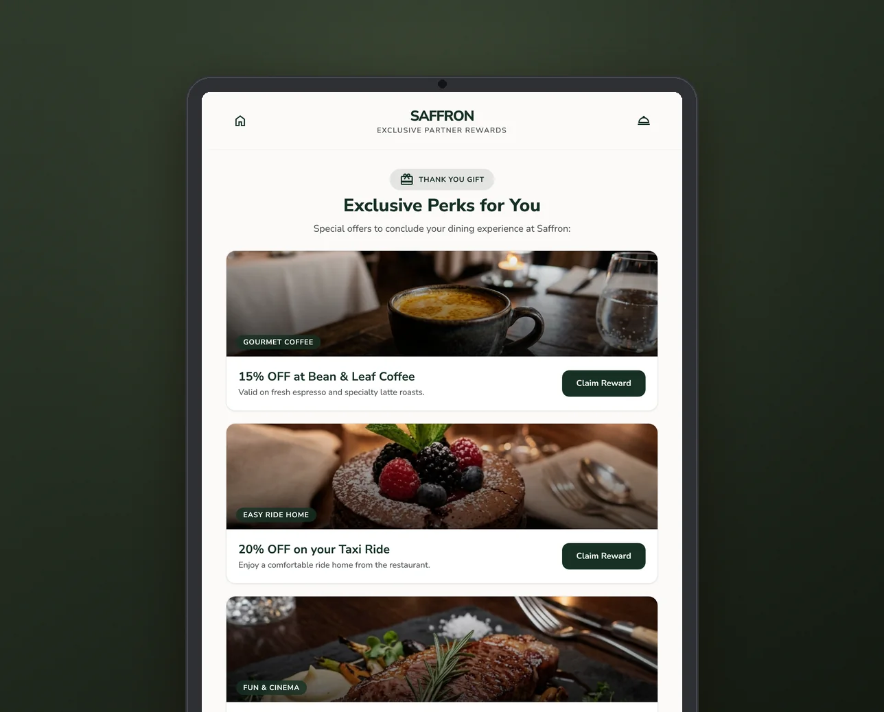Partner rewards shown after the meal