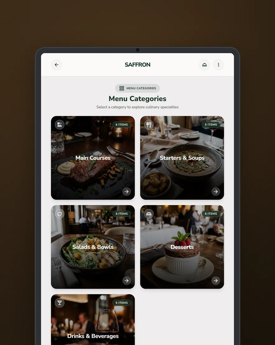 Menu categories screen