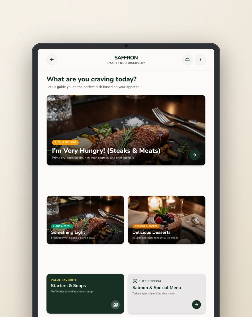 Food discovery screen grouping dishes by appetite
