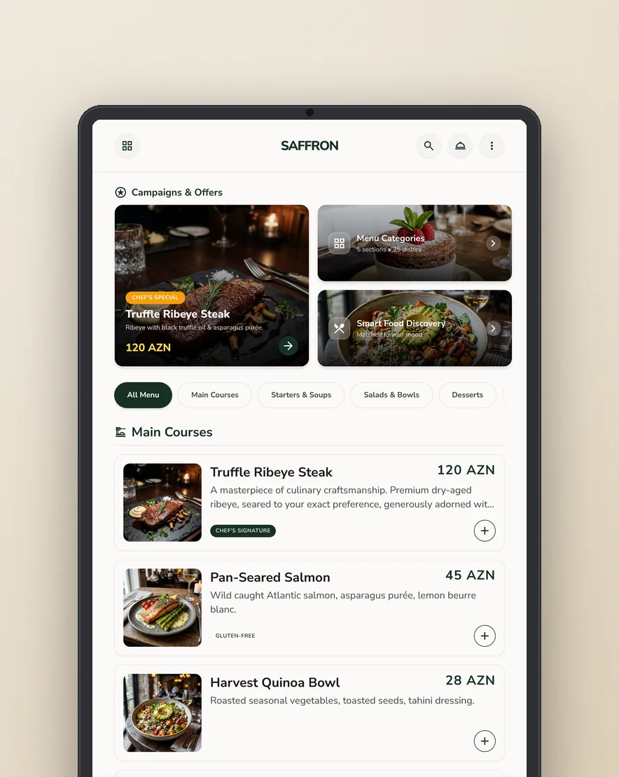 Maitre menu screen with campaigns and dishes