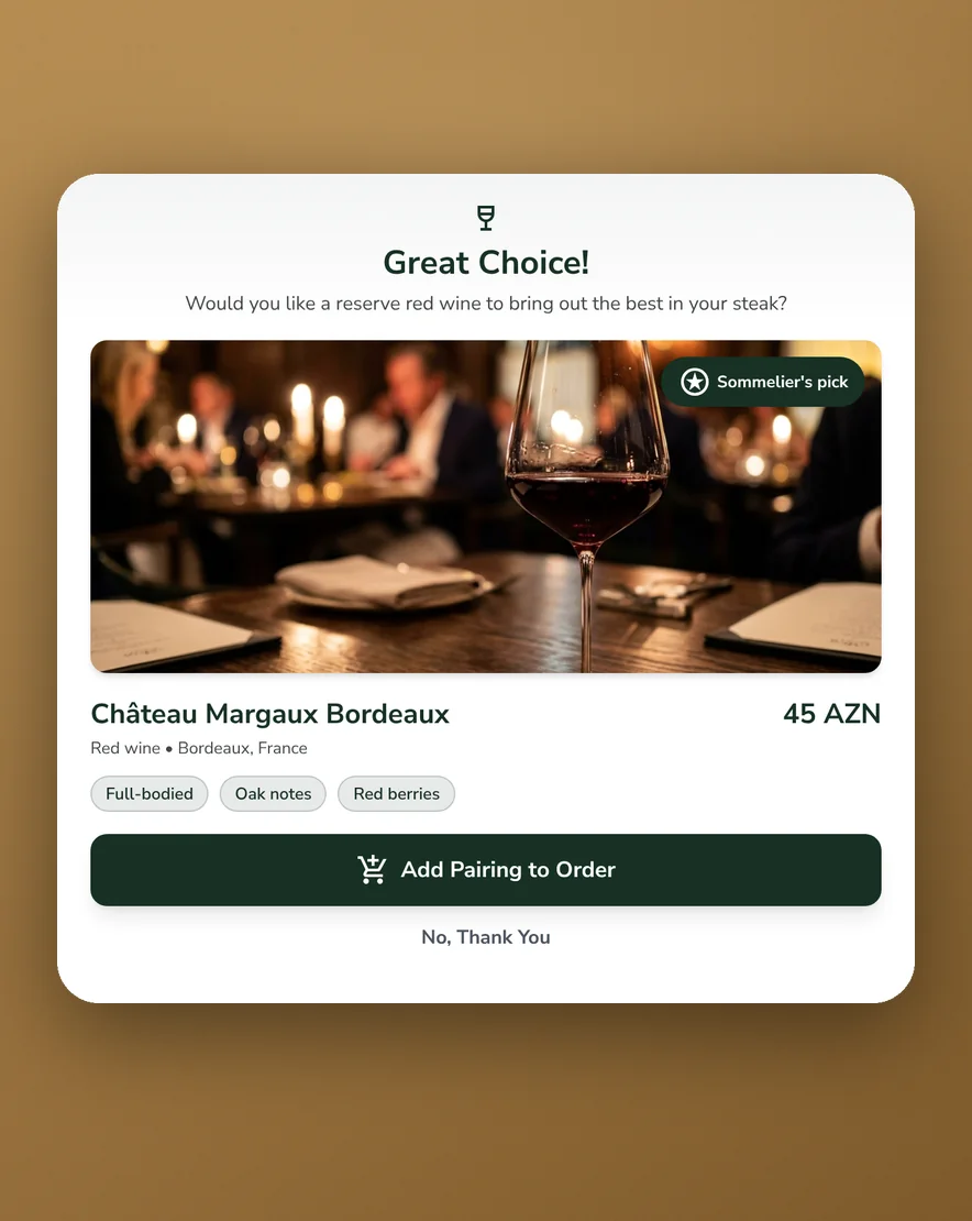 Wine pairing suggestion shown after ordering a steak